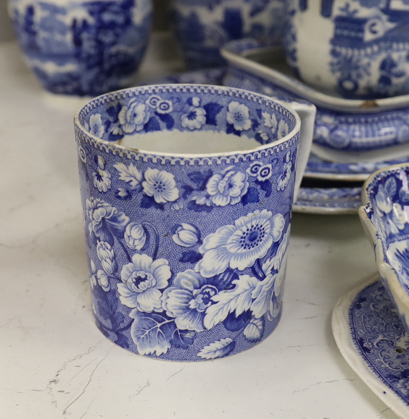 A collection of Victorian blue-printed ceramics, including Spode